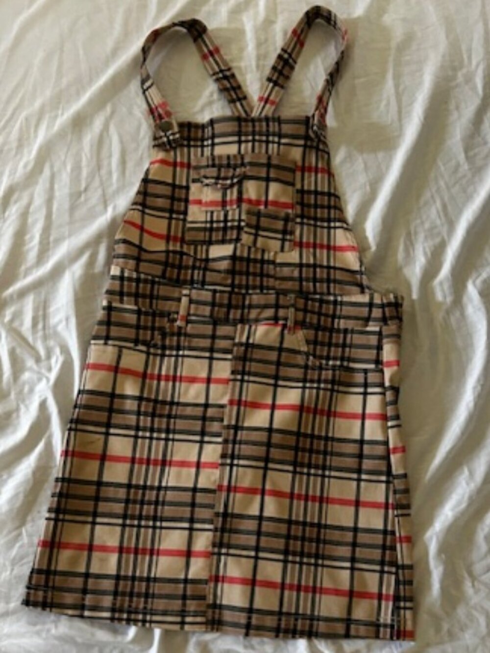 like an angel Beige Plaid Overall Skirt with Black and Red Stripes